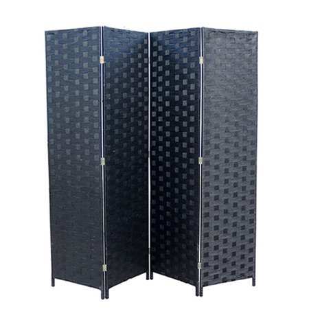 MANMADE Black Paper Straw Weave 4 Panel Screen on 2 in. H Wooden Legs, Handcrafted MA2629606